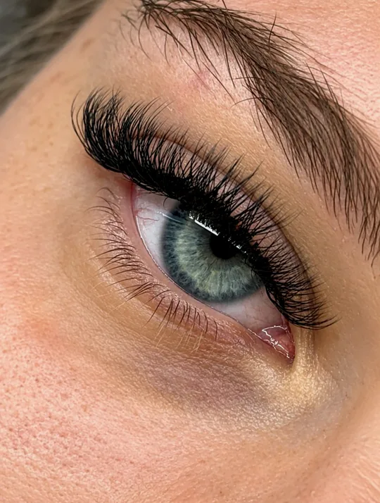 Nahaufnahme von Light-Volumen-Lashes bei blauen Augen