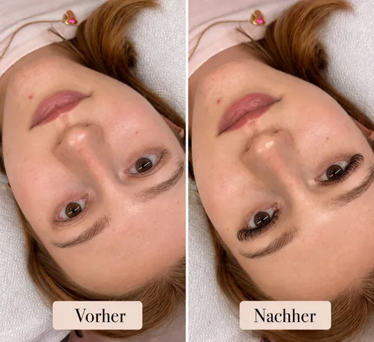 Vorher-Nachher-Vergleich einer Wimpernverlängerung auf der Behandlungsliege